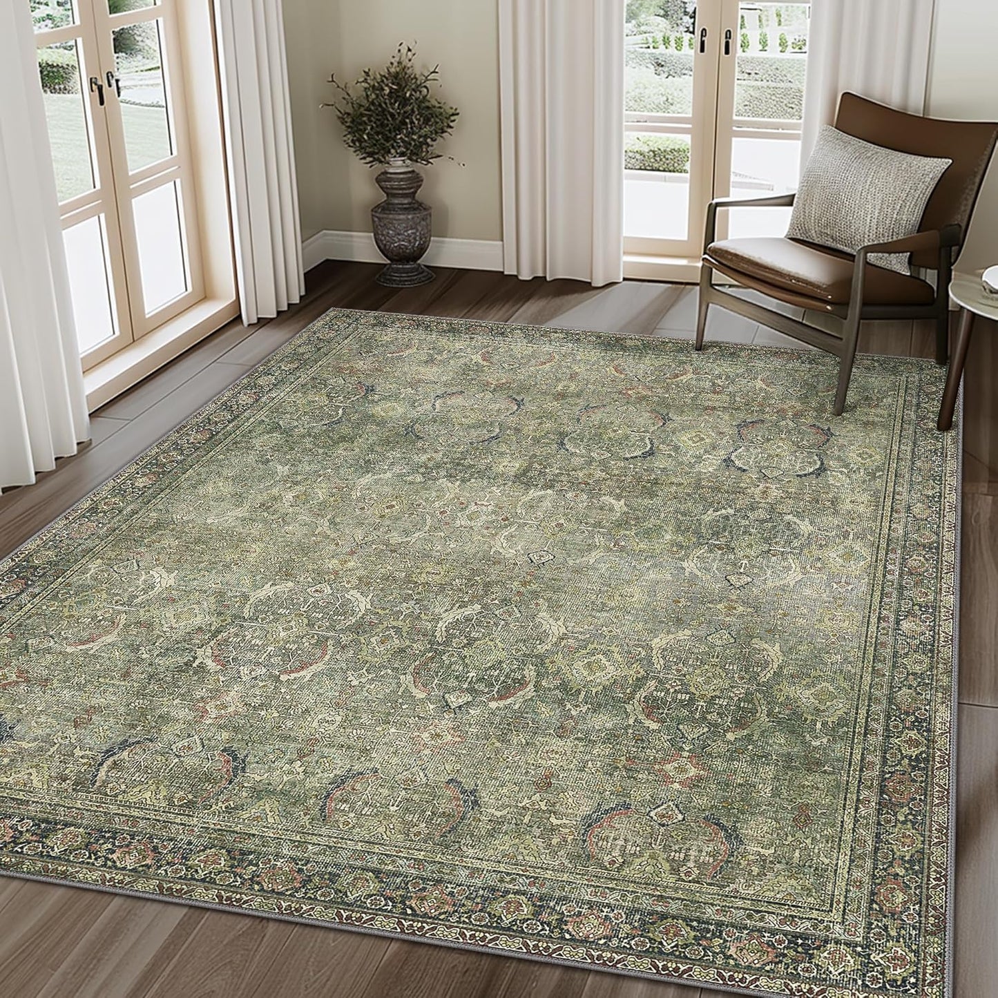 5X7 Area Rugs Machine Washable Rugs for Living Room, Vintage Boho Large Rugs for Bedroom Dining Room, Non Slip Indoor Soft Distressed Lightweight Thin Low Pile Carpet, Green