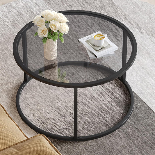 SAYGOER Round Coffee Table Glass Coffee Tables for Small Space Simple Modern Center Table for Living Room Home Office, Sofa Side Table with Metal Steel Frame, Easy Assembly, Gray Black