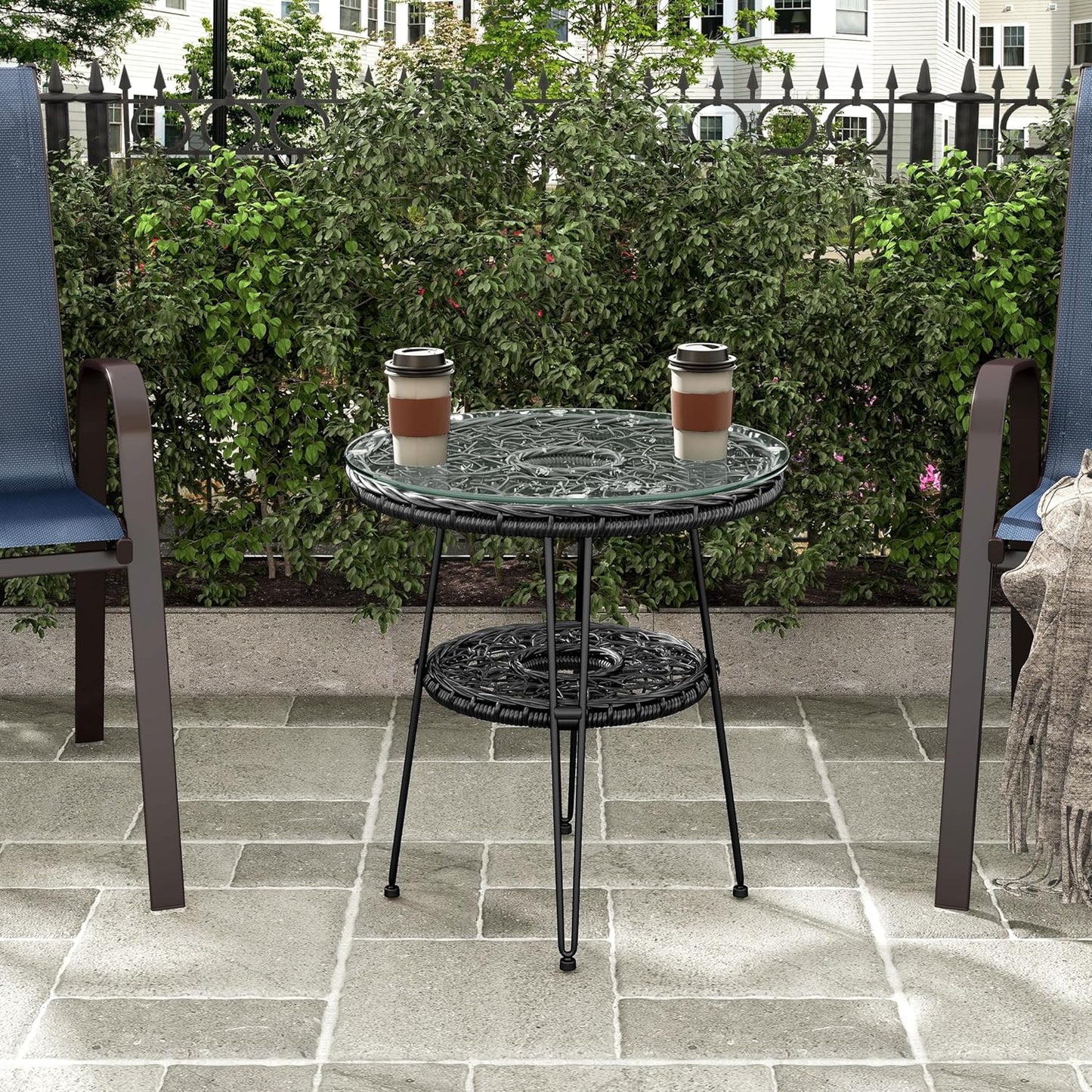 Muse & Lounge Co. Ysar Boho 19-inch Round Coffee Table Outdoor with Tempered Glass Top and Metal Frame, Handcrafted Coastal Furniture for Patio, Poolside, Garden, Yard, Black