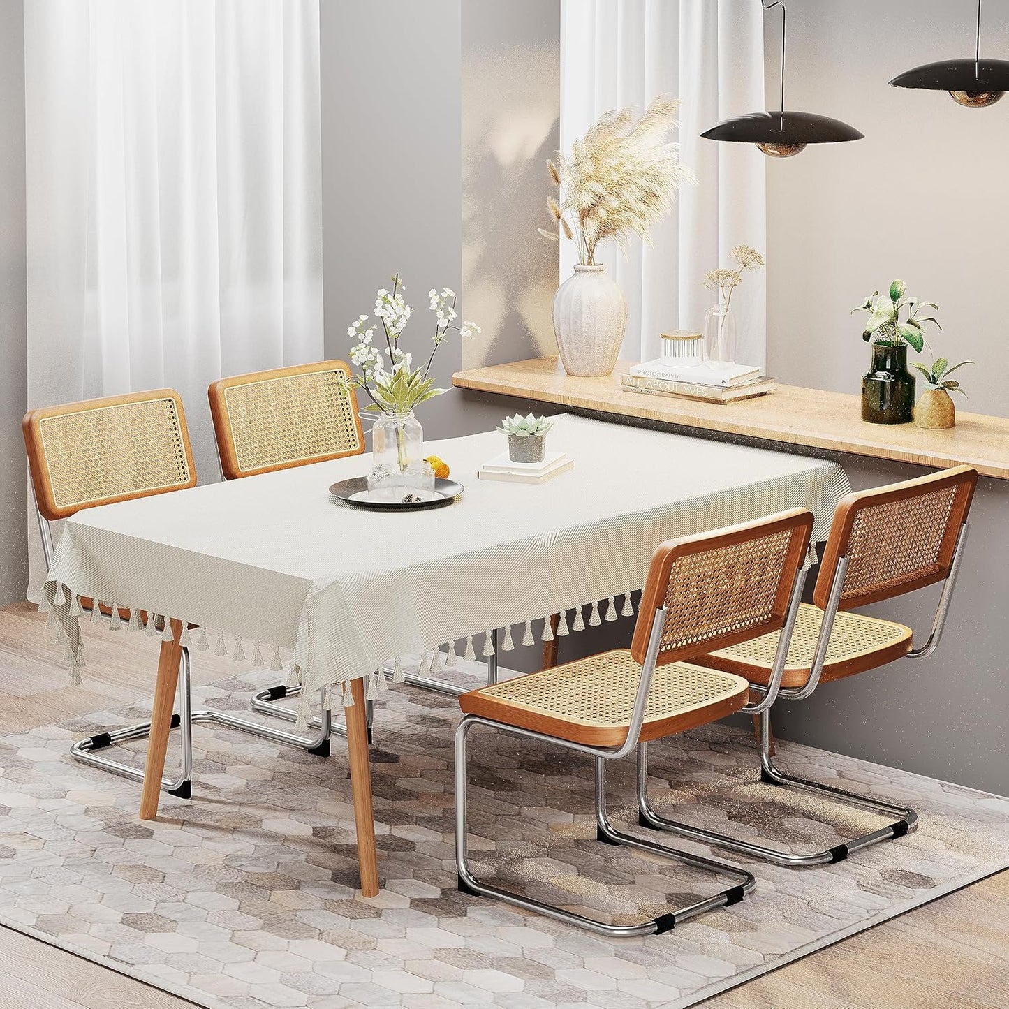 Rattan Dining Chairs Set of 2 Mid Century Modern Dining Room Chairs with Natural Rattan Woven Backrest with Metal Legs, Brown