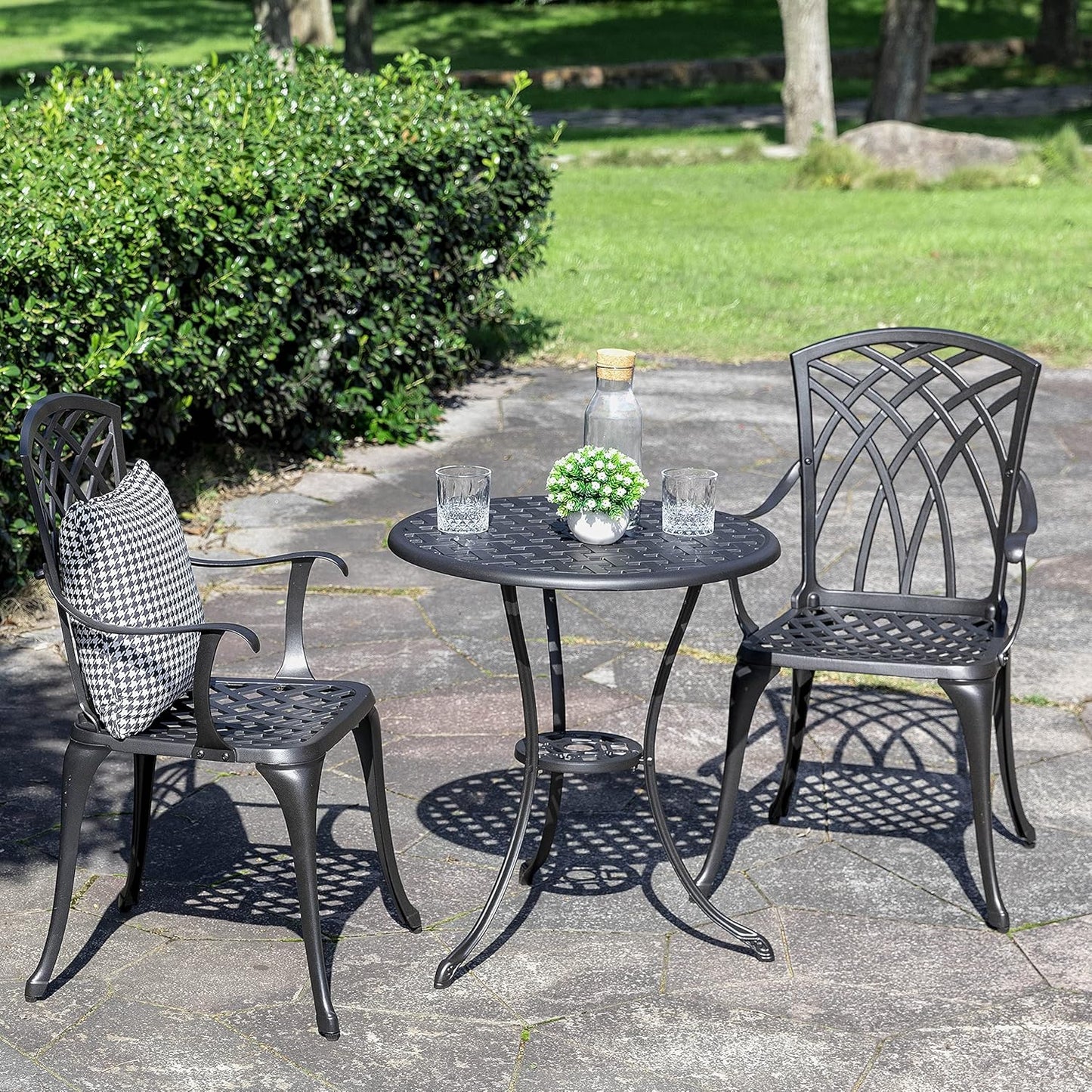 NUU GARDEN Bistro Set 3 Piece Outdoor All Weather Cast Aluminum Patio Bistro Set Patio Table and Chairs Set of 2 with Umbrella Hole for Backyard, Balcony, Front Porch, Lawn, Black
