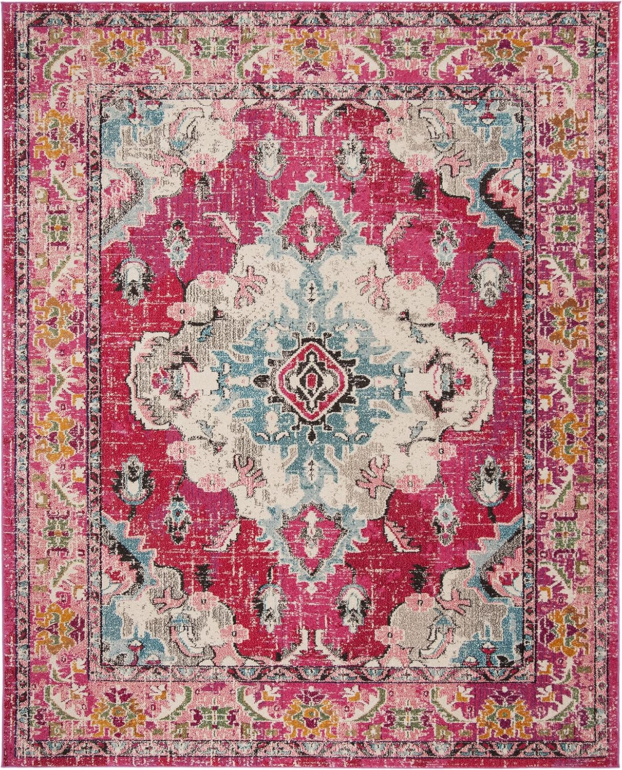 SAFAVIEH Monaco Collection Area Rug - 9' x 12', Pink & Multi, Boho Chic Medallion Distressed Design, Non-Shedding & Easy Care, Ideal for High Traffic Areas in Living Room, Bedroom (MNC243D)