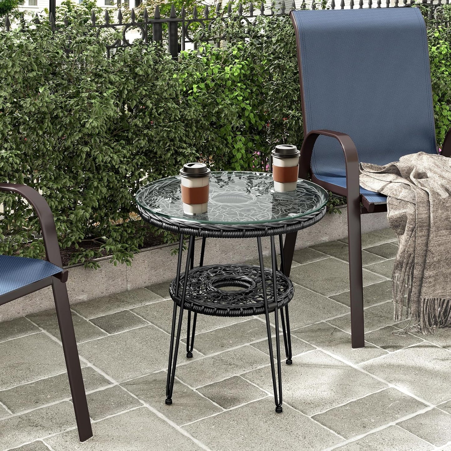 Muse & Lounge Co. Ysar Boho 19-inch Round Coffee Table Outdoor with Tempered Glass Top and Metal Frame, Handcrafted Coastal Furniture for Patio, Poolside, Garden, Yard, Black