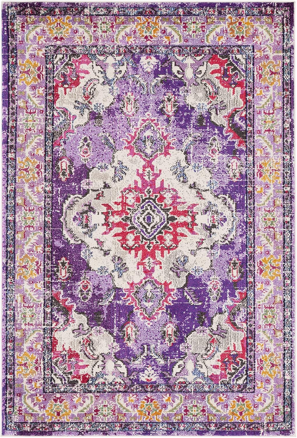 SAFAVIEH Monaco Collection Area Rug - 6'7" x 9'2", Violet & Fuchsia, Boho Chic Medallion Distressed Design, Non-Shedding & Easy Care, Ideal for High Traffic Areas in Living Room, Bedroom (MNC243P)
