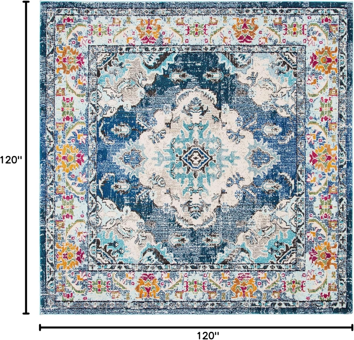 SAFAVIEH Monaco Collection Area Rug - 10' Square, Navy & Light Blue, Boho Chic Medallion Distressed Design, Non-Shedding & Easy Care, Ideal for High Traffic Areas in Living Room, Bedroom (MNC243N)