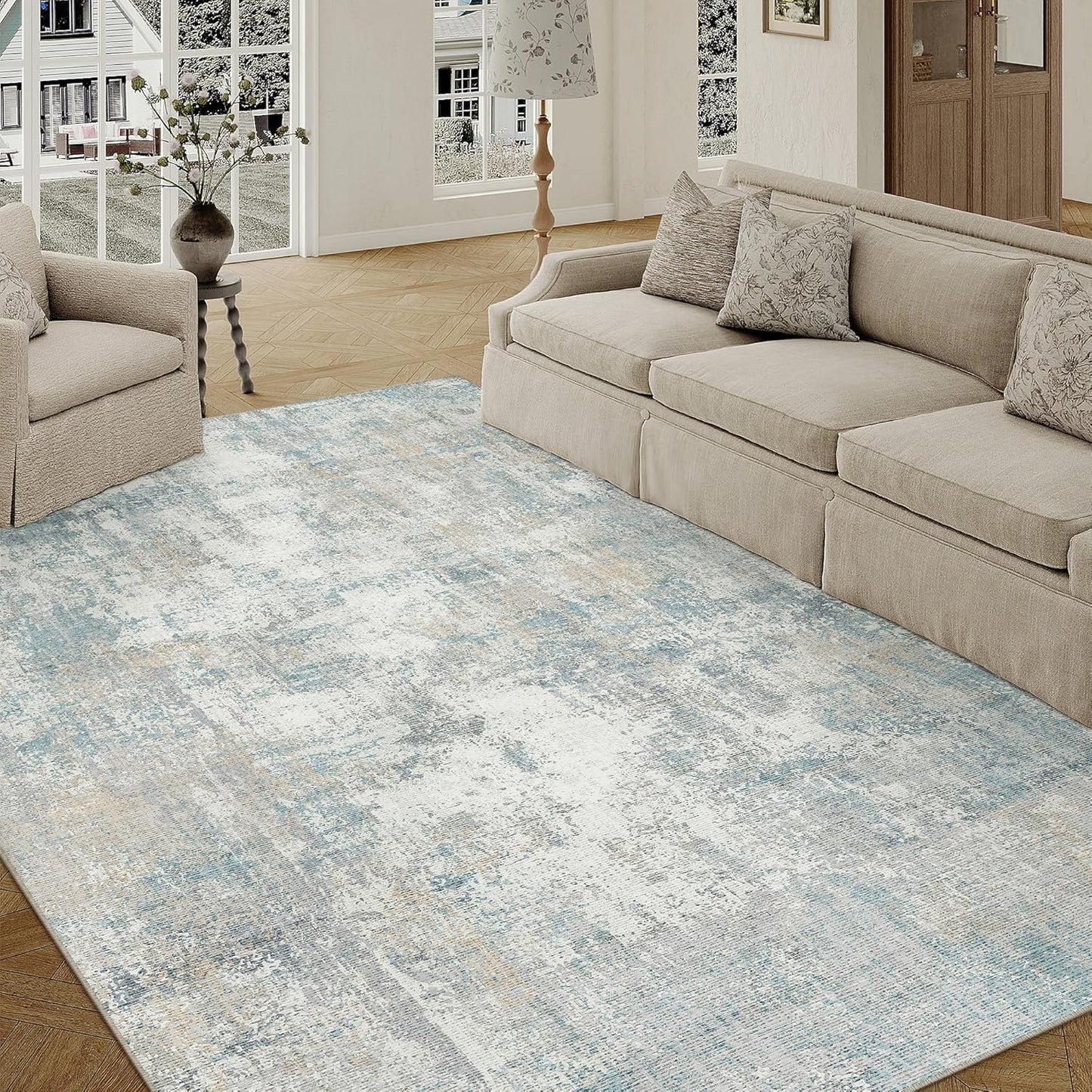 6x9 Washable Area Rug Blue Cream Modern Neutral Abstract Living Room Bedroom Indoor Floor Carpet Low Pile Soft Non-Slip Lightweight Vacuumable Throw Rug for Nursery Dining Room Office