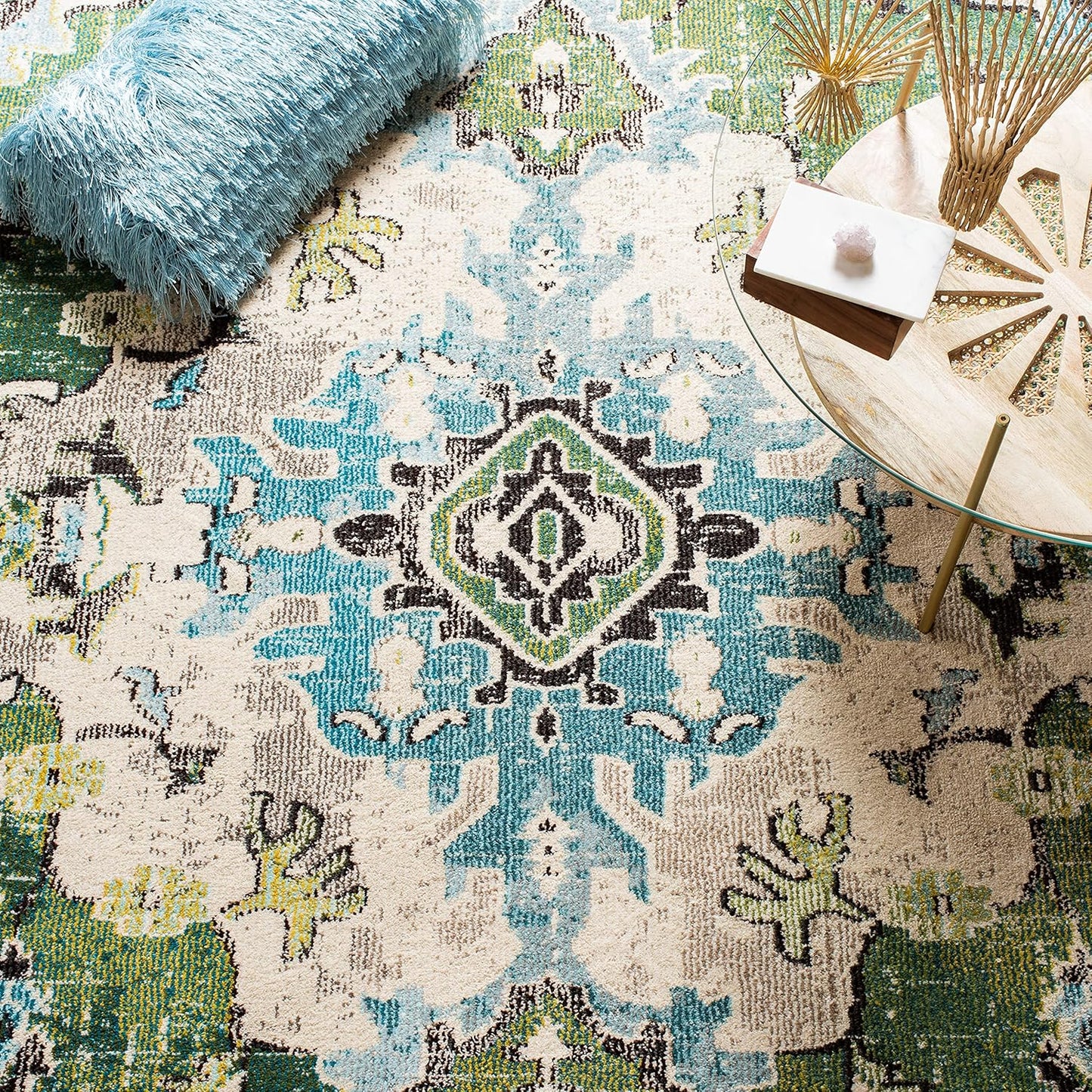 SAFAVIEH Monaco Collection Runner Rug - 2'2" x 12', Forest Green & Light Blue, Medallion Distressed Design, Non-Shedding & Easy Care, Ideal for High Traffic Areas in Living Room, Bedroom (MNC243F)