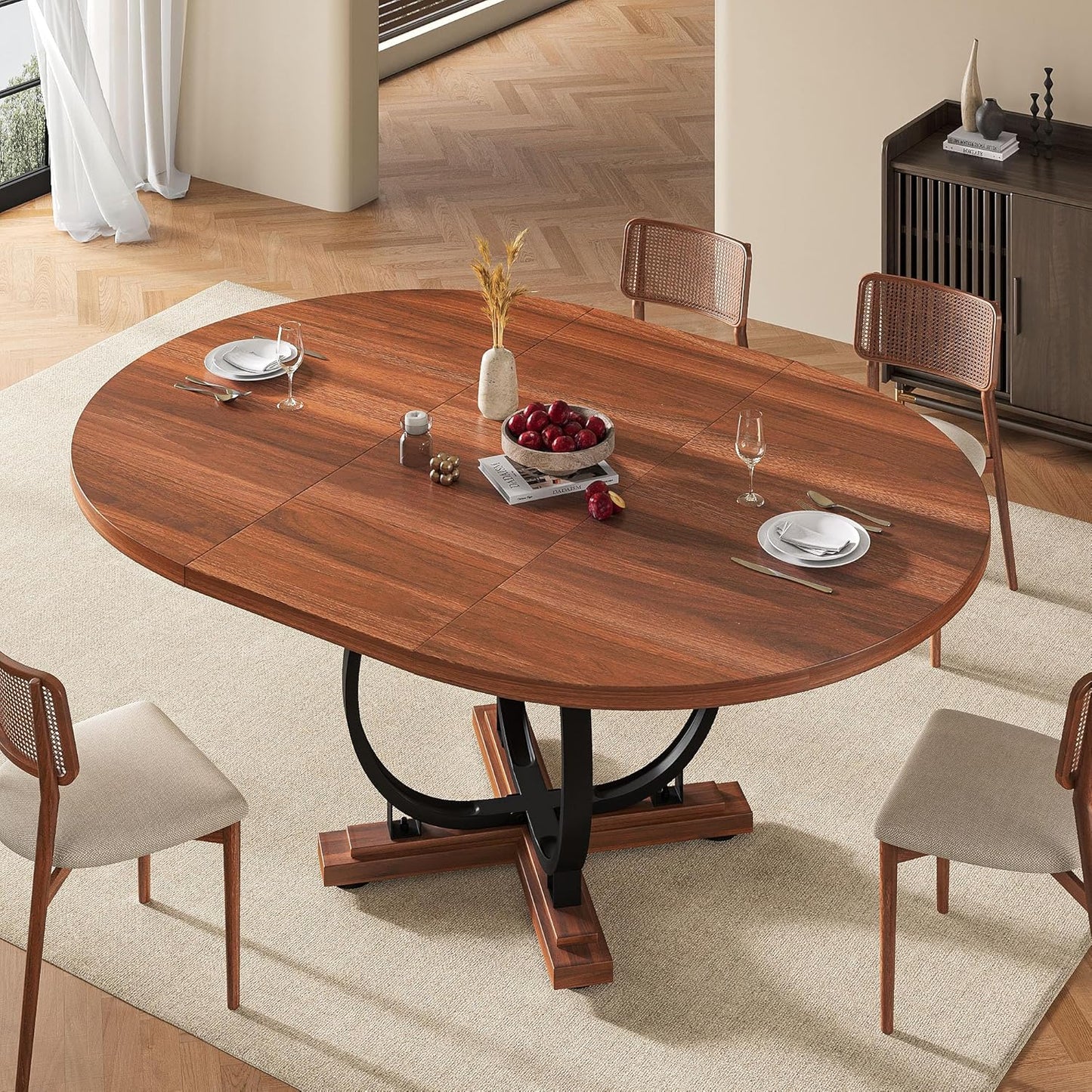 59" Round Extendable Dining Table for 4-6, Modern Oval Kitchen Table with Heavy Duty Curved Legs & Wood X-Based, MDF Board with Spring Buckle, Space Saving, Dining Kitchen Living Room, Walnut