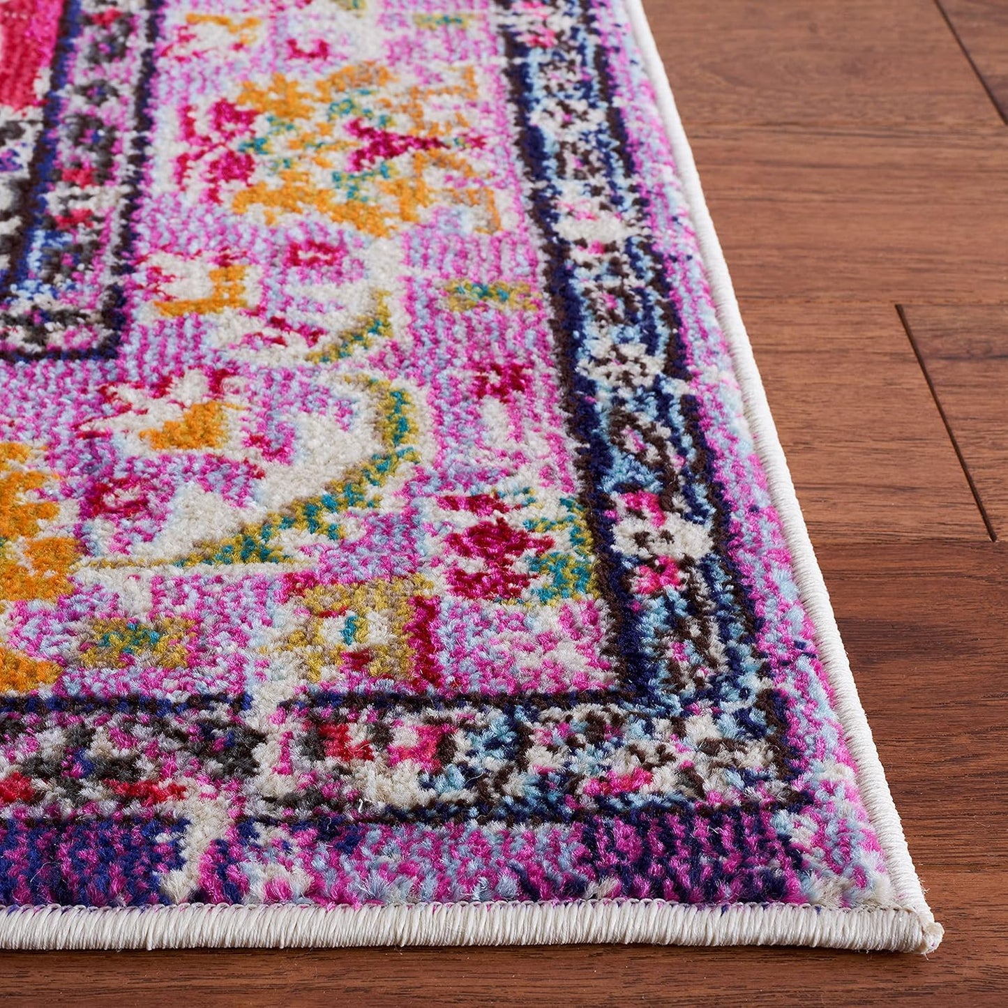 SAFAVIEH Monaco Collection Area Rug - 5' Square, Violet & Fuchsia, Boho Chic Medallion Distressed Design, Non-Shedding & Easy Care, Ideal for High Traffic Areas in Living Room, Bedroom (MNC243P)