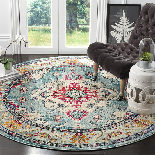 SAFAVIEH Monaco Collection Area Rug - 8'8" Round, Light Blue & Fuchsia, Boho Chic Medallion Distressed Design, Non-Shedding & Easy Care, Ideal for High Traffic Areas in Living Room, Bedroom (MNC243J)