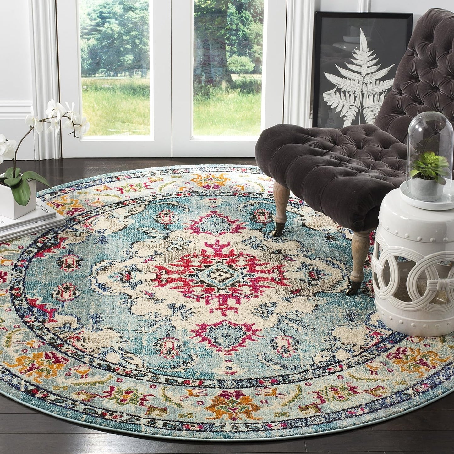 SAFAVIEH Monaco Collection Area Rug - 11' Round, Light Blue & Fuchsia, Boho Chic Medallion Distressed Design, Non-Shedding & Easy Care, Ideal for High Traffic Areas in Living Room, Bedroom (MNC243J)