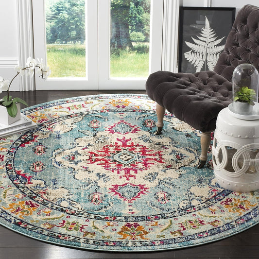 SAFAVIEH Monaco Collection Area Rug - 11' Round, Light Blue & Fuchsia, Boho Chic Medallion Distressed Design, Non-Shedding & Easy Care, Ideal for High Traffic Areas in Living Room, Bedroom (MNC243J)