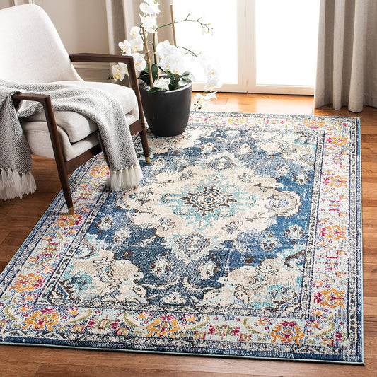 SAFAVIEH Monaco Collection Accent Rug - 3' x 5', Navy & Light Blue, Medallion Distressed Design, Non-Shedding & Easy Care, Ideal for High Traffic Areas in Entryway, Living Room, Bedroom (MNC243N)