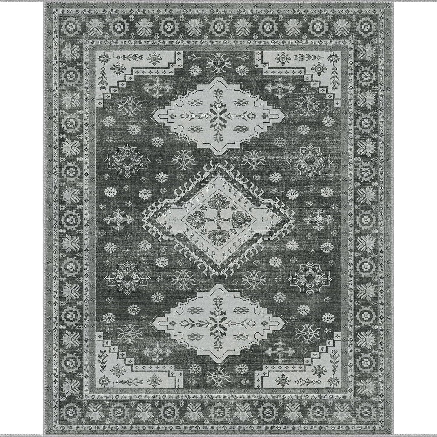 GENIMO Washable Rug 8X10 Area Rugs for Living Room Bedroom, Machine Washable Area Rug, Print Vintage Tribal Aesthetic Carpet, Low Pile Mat with Non Slip Rubber Backing, Distressed Charcoal