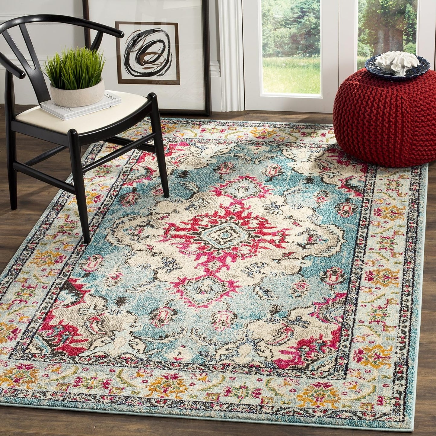 SAFAVIEH Monaco Collection Accent Rug - 4' x 5'7", Light Blue & Fuchsia, Medallion Distressed Design, Non-Shedding & Easy Care, Ideal for High Traffic Areas in Entryway, Living Room, Bedroom (MNC243J)