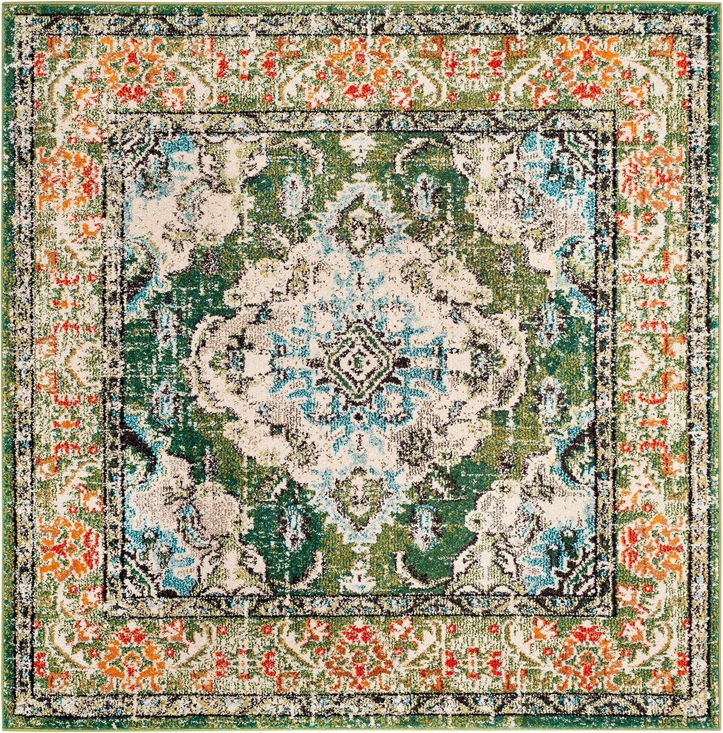 SAFAVIEH Monaco Collection Area Rug - 3' Square, Forest Green & Light Blue, Medallion Distressed Design, Non-Shedding & Easy Care, Ideal for High Traffic Areas in Living Room, Bedroom (MNC243F)