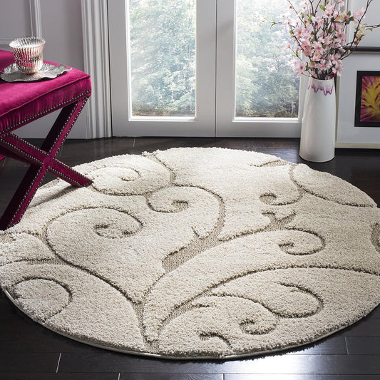 SAFAVIEH Florida Shag Collection Area Rug - 5' Round, Cream & Beige, Scroll Design, Non-Shedding & Easy Care, 1.2-inch Thick Ideal for High Traffic Areas in Living Room, Bedroom (SG455-1113)