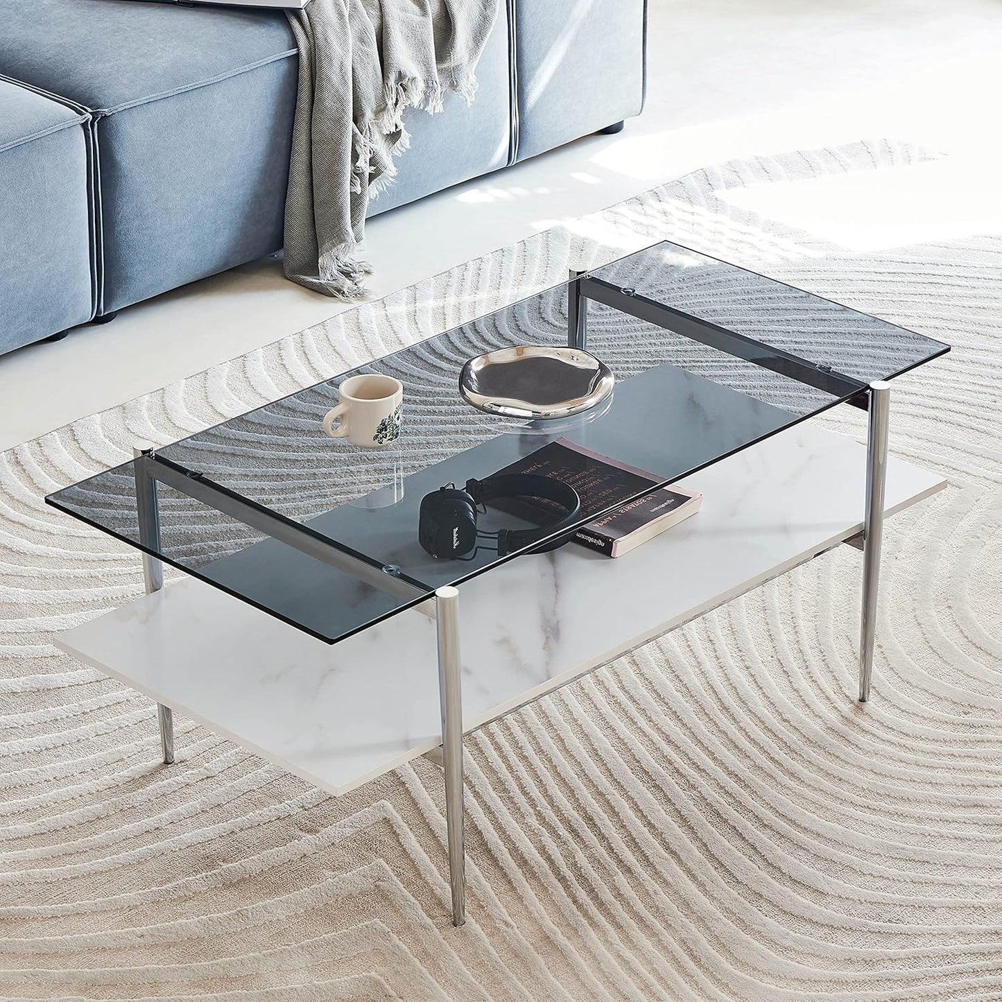AGV LIGHTING Tadio Glass Coffee Table, Mid-Century Modern Coffee Table for Living Room, Chrome Finish Leg, Gray Glass Top & Faux Marble Wood Shelf, 41 in