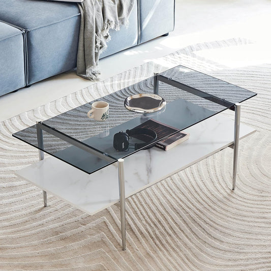 AGV LIGHTING Tadio Glass Coffee Table, Mid-Century Modern Coffee Table for Living Room, Chrome Finish Leg, Gray Glass Top & Faux Marble Wood Shelf, 41 in