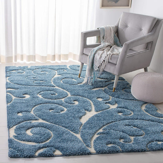 SAFAVIEH Florida Shag Collection Area Rug - 6' x 9', Light Blue & Cream, Scroll Design, Non-Shedding & Easy Care, 1.2-inch Thick Ideal for High Traffic Areas in Living Room, Bedroom (SG455-6011)