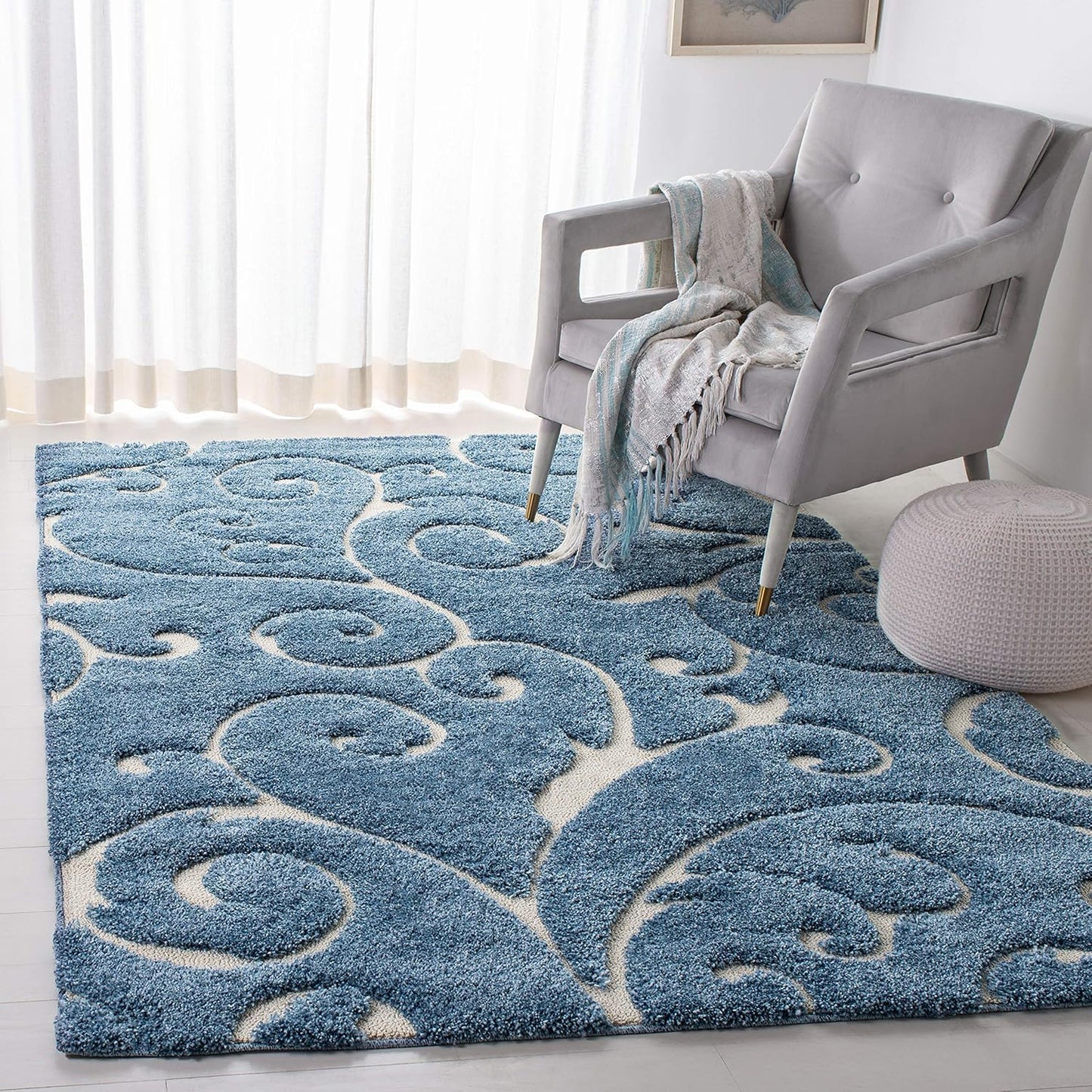 SAFAVIEH Florida Shag Collection Area Rug - 5'3" x 7'6", Light Blue & Cream, Scroll Design, Non-Shedding & Easy Care, 1.2-inch Thick Ideal for High Traffic Areas in Living Room, Bedroom (SG455-6011)