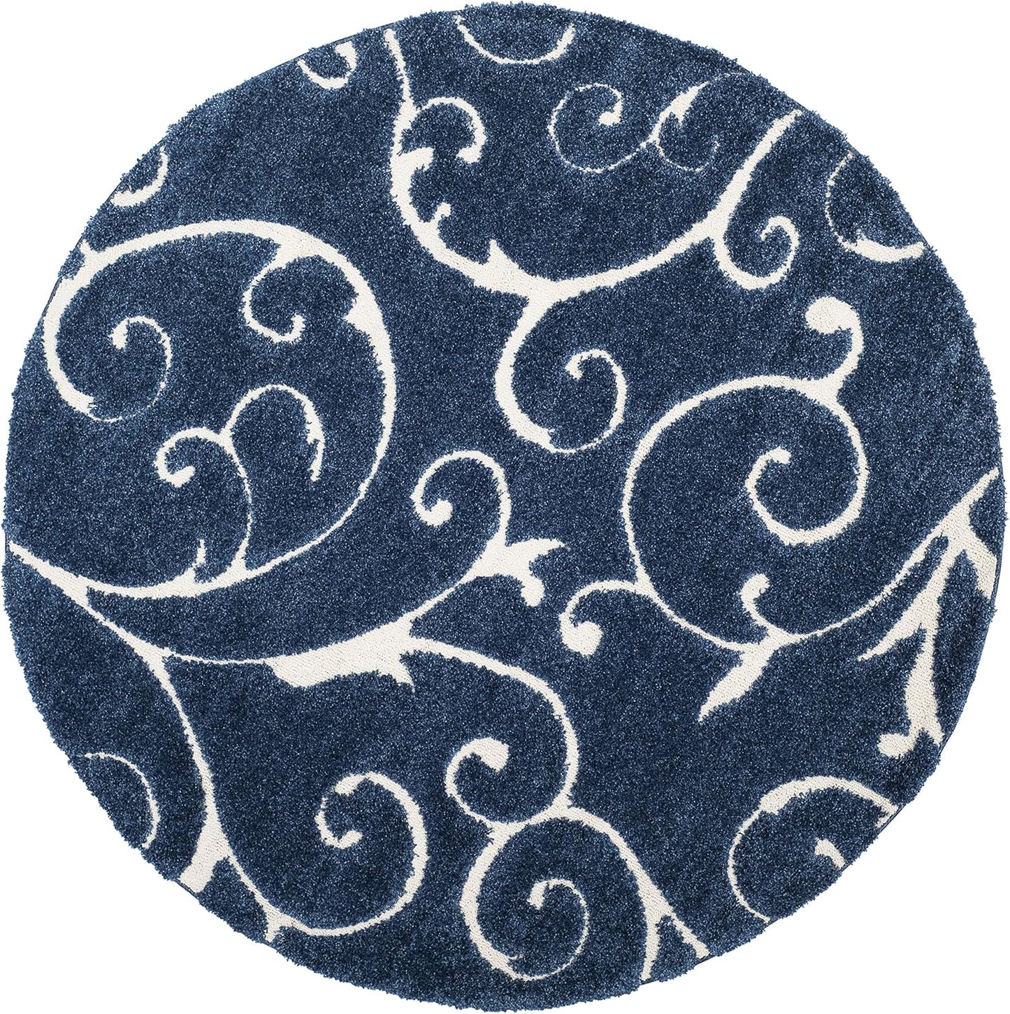 SAFAVIEH Florida Shag Collection Area Rug - 8' Round, Dark Blue & Cream, Scroll Design, Non-Shedding & Easy Care, 1.2-inch Thick Ideal for High Traffic Areas in Living Room, Bedroom (SG455-6511)