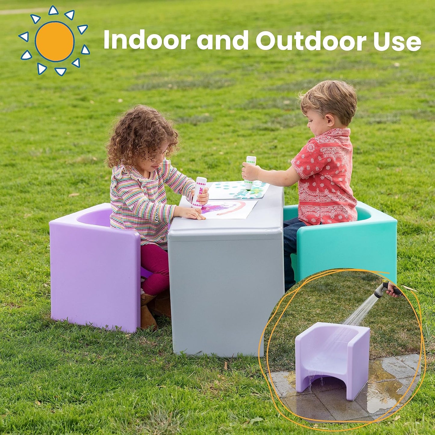 ECR4Kids Tri-Me Table and Cube Chair Set, Multipurpose Furniture, Light Purple, 3-Piece