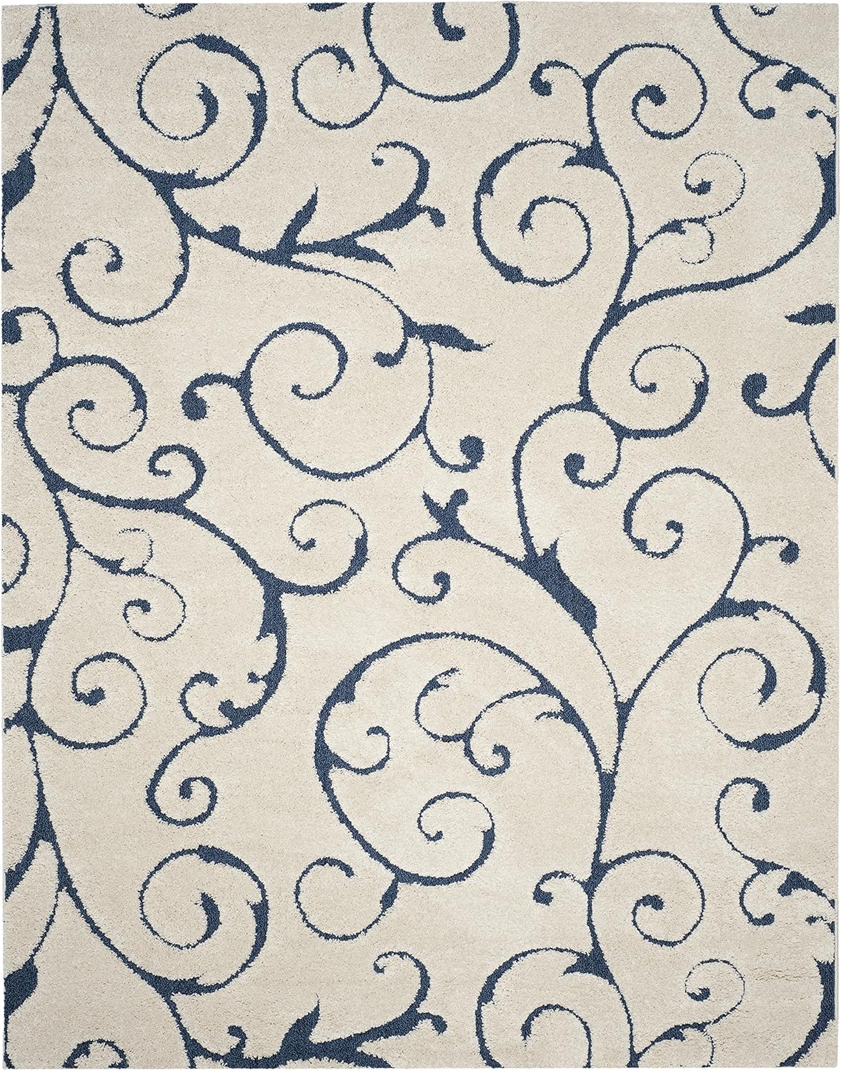 SAFAVIEH Florida Shag Collection X-Large Area Rug - 11' x 15', Cream & Blue, Scroll Design, Non-Shedding & Easy Care, 1.2-inch Thick Ideal for High Traffic Areas in Living Room, Bedroom (SG455-1165)