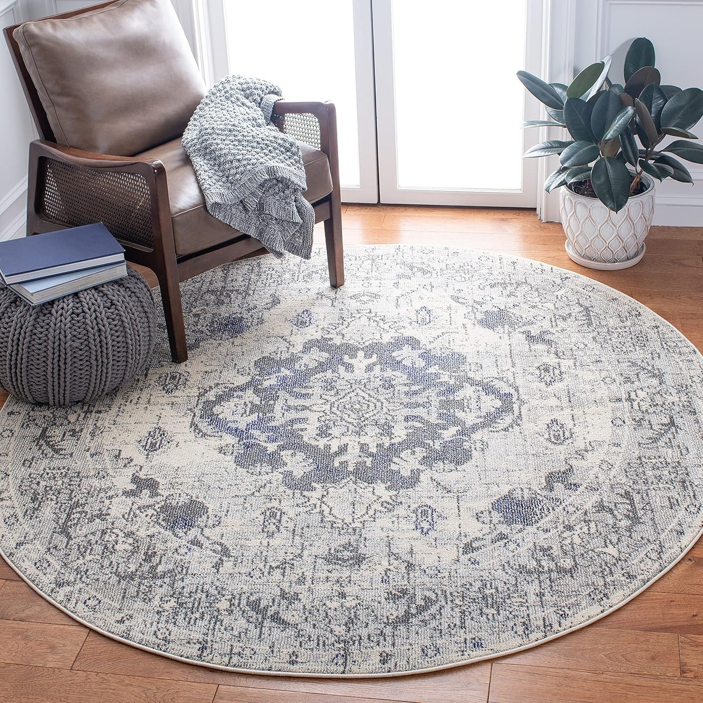 SAFAVIEH Monaco Collection Area Rug - 6'7" Round, Ivory & Grey, Boho Chic Medallion Distressed Design, Non-Shedding & Easy Care, Ideal for High Traffic Areas in Living Room, Bedroom (MNC243B)