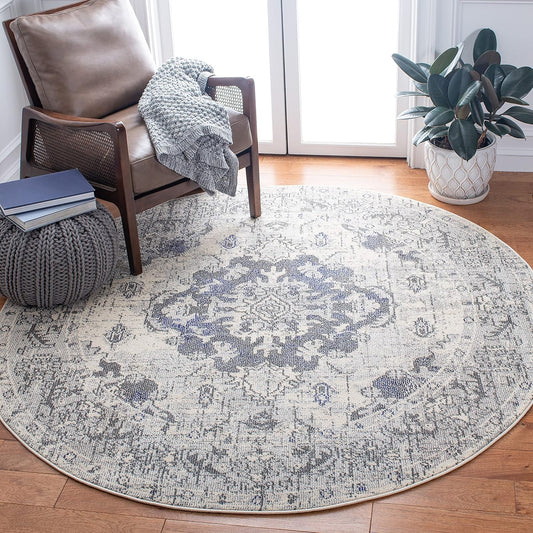 SAFAVIEH Monaco Collection Area Rug - 6'7" Round, Ivory & Grey, Boho Chic Medallion Distressed Design, Non-Shedding & Easy Care, Ideal for High Traffic Areas in Living Room, Bedroom (MNC243B)