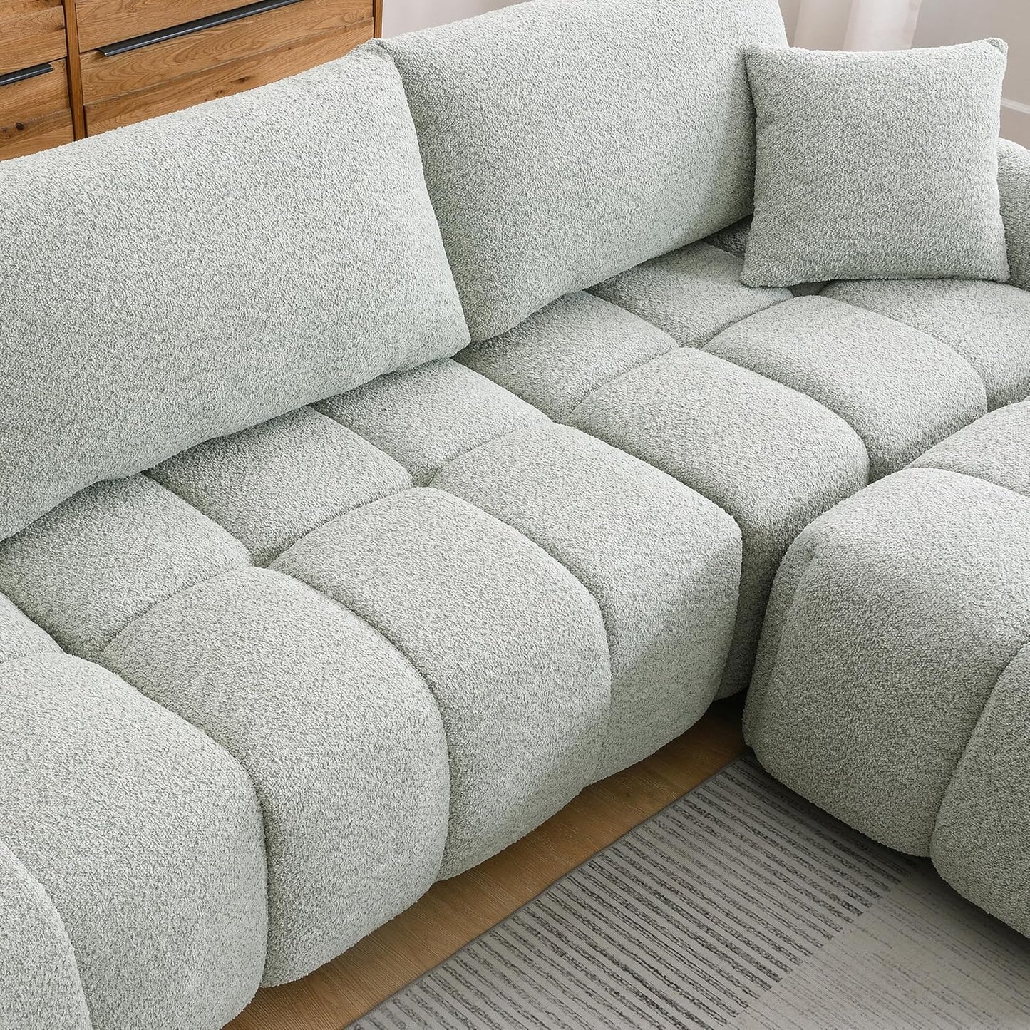 Ball & Cast Modular Sectional Sofa W/Movable Ottoman and 2 Lumbar Pillows,4 Seater L Shaped Couch W/Deep Seat&Pull-line Design,Boucle Fabric Upholstered Sofa for Living Room,Apartment,Light Green,110"