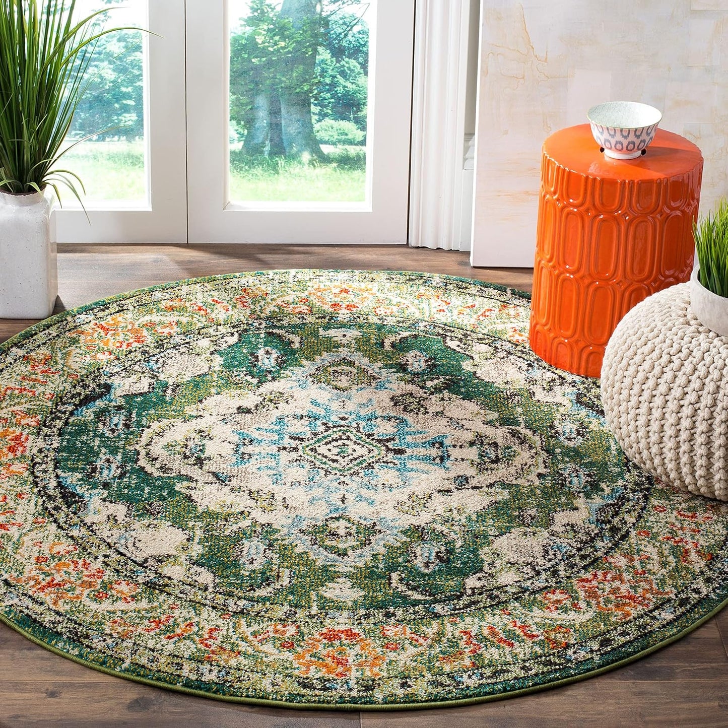 SAFAVIEH Monaco Collection Area Rug - 4' Round, Forest Green & Light Blue, Boho Medallion Distressed Design, Non-Shedding & Easy Care, Ideal for High Traffic Areas in Living Room, Bedroom (MNC243F)