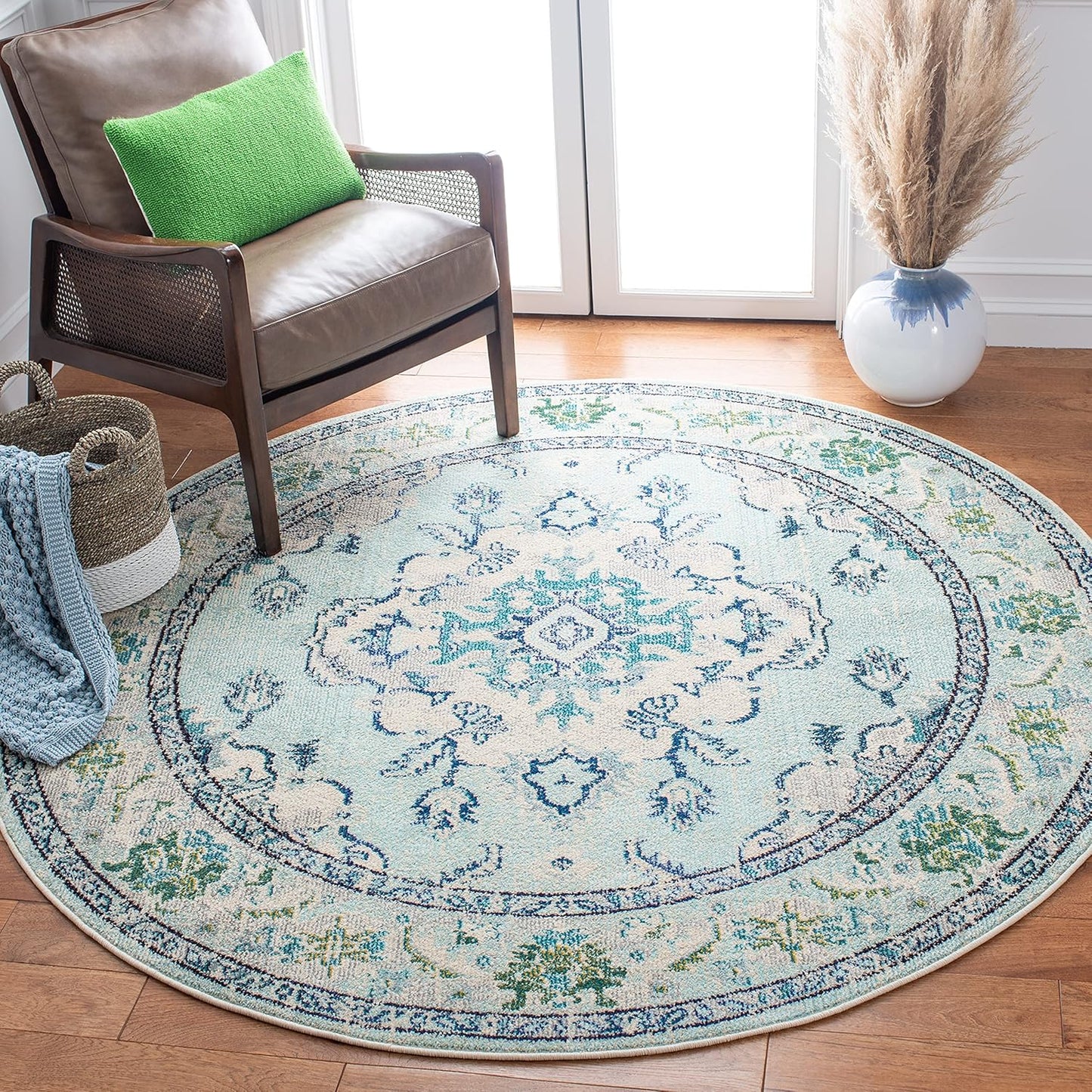 SAFAVIEH Monaco Collection Area Rug - 6'7" Round, Light Blue & Ivory, Boho Chic Medallion Distressed Design, Non-Shedding & Easy Care, Ideal for High Traffic Areas in Living Room, Bedroom (MNC243K)