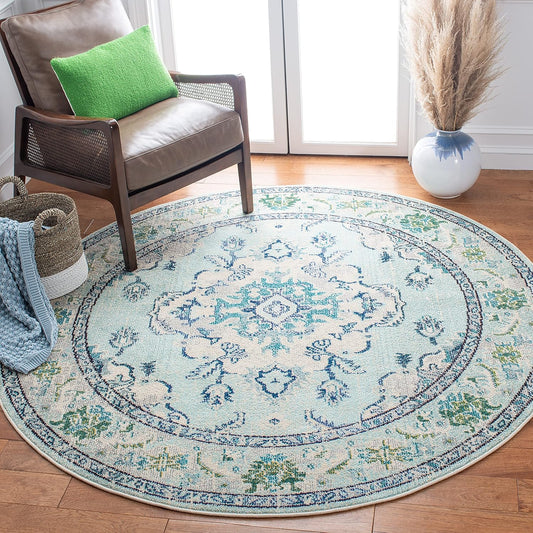 SAFAVIEH Monaco Collection Area Rug - 6'7" Round, Light Blue & Ivory, Boho Chic Medallion Distressed Design, Non-Shedding & Easy Care, Ideal for High Traffic Areas in Living Room, Bedroom (MNC243K)