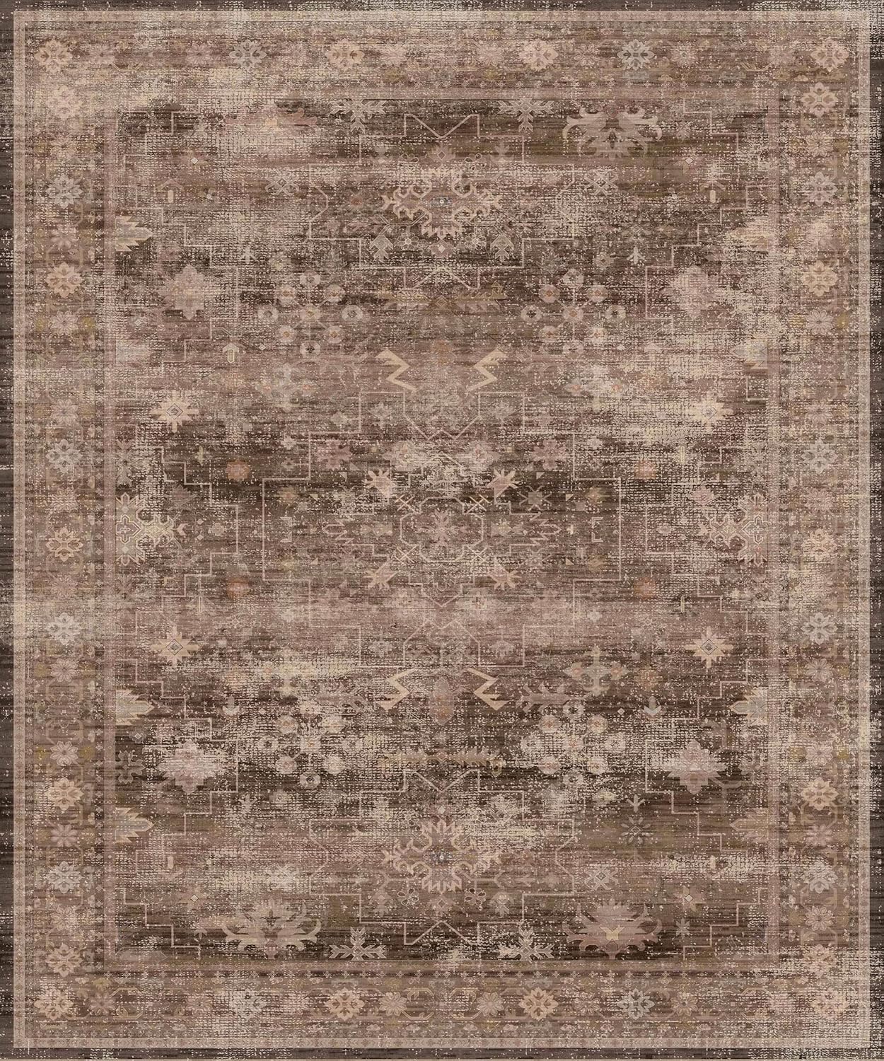 Brown Rug for Living Room 10x12 - Large Vintage Western Eclectic Unique Neutral Taupe, Washable Low Pile Non-Slip Area Rug for Dining Under Table, Bedroom Under Bed, Home Office
