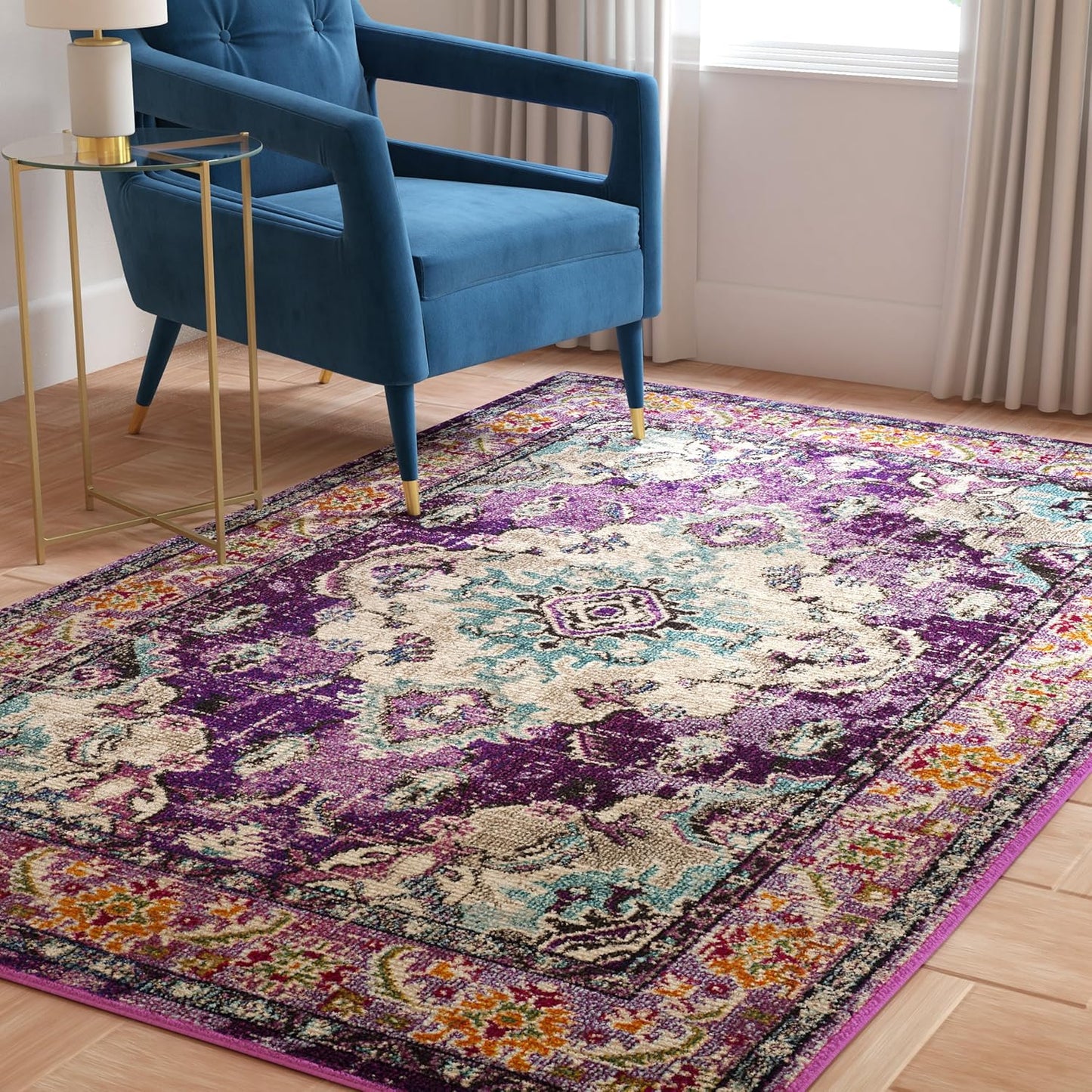 SAFAVIEH Monaco Collection Area Rug - 6'7" x 9'2", Violet & Light Blue, Boho Chic Medallion Distressed Design, Non-Shedding & Easy Care, Ideal for High Traffic Areas in Living Room, Bedroom (MNC243L)
