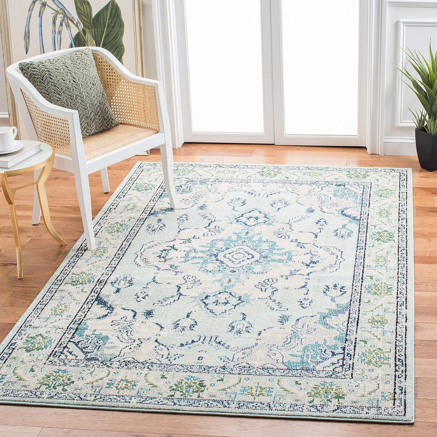SAFAVIEH Monaco Collection Area Rug - 9' x 12', Light Blue & Ivory, Boho Chic Medallion Distressed Design, Non-Shedding & Easy Care, Ideal for High Traffic Areas in Living Room, Bedroom (MNC243K)