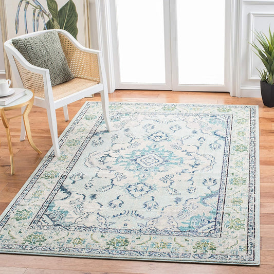SAFAVIEH Monaco Collection Area Rug - 9' x 12', Light Blue & Ivory, Boho Chic Medallion Distressed Design, Non-Shedding & Easy Care, Ideal for High Traffic Areas in Living Room, Bedroom (MNC243K)
