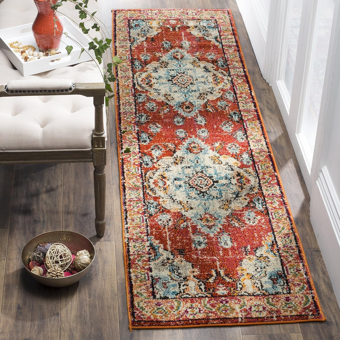 SAFAVIEH Monaco Collection Runner Rug - 2'2" x 18', Orange & Light Blue, Boho Chic Medallion Distressed Design, Non-Shedding & Easy Care, Ideal for High Traffic Areas in Living Room, Bedroom (MNC243H)