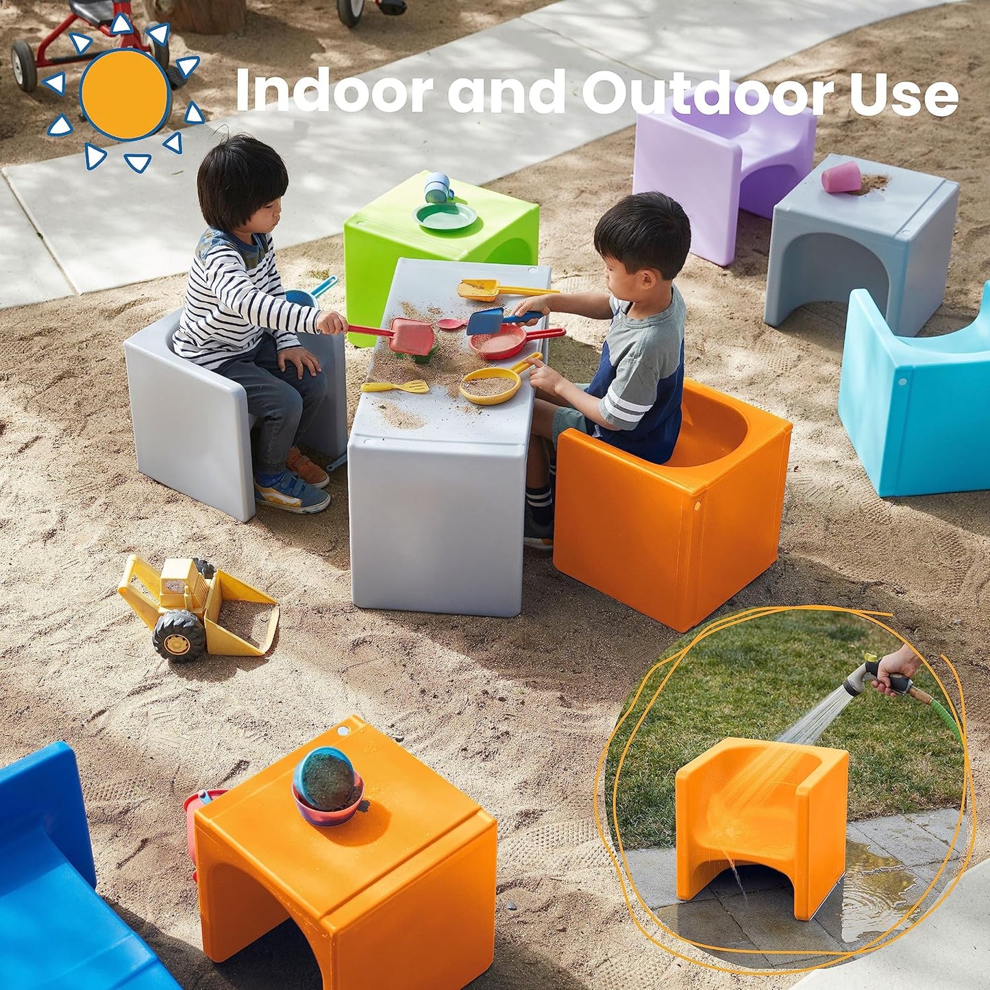 ECR4Kids Tri-Me Table and Cube Chair Set, Multipurpose Furniture, Orange, 3-Piece