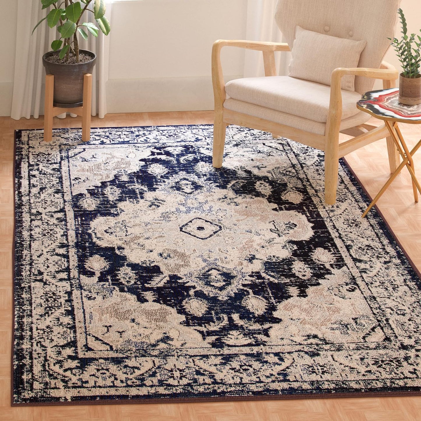 SAFAVIEH Monaco Collection Area Rug - 8' x 10', Ivory & Navy, Boho Chic Medallion Distressed Design, Non-Shedding & Easy Care, Ideal for High Traffic Areas in Living Room, Bedroom (MNC243C)