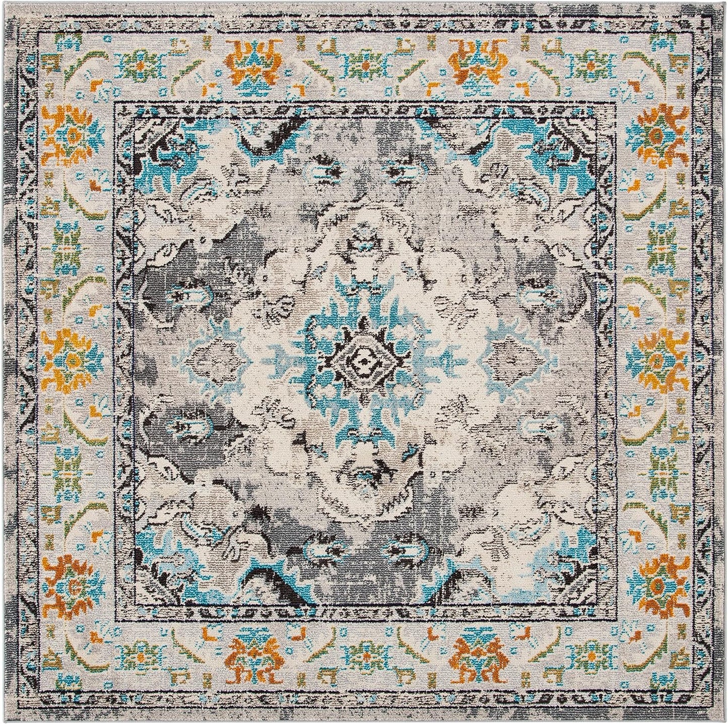 SAFAVIEH Monaco Collection Area Rug - 11' Square, Grey & Light Blue, Boho Chic Medallion Distressed Design, Non-Shedding & Easy Care, Ideal for High Traffic Areas in Living Room, Bedroom (MNC243G)