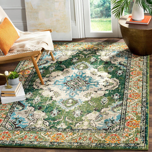 SAFAVIEH Monaco Collection Area Rug - 6'7" x 9'2", Forest Green & Light Blue, Medallion Distressed Design, Non-Shedding & Easy Care, Ideal for High Traffic Areas in Living Room, Bedroom (MNC243F)