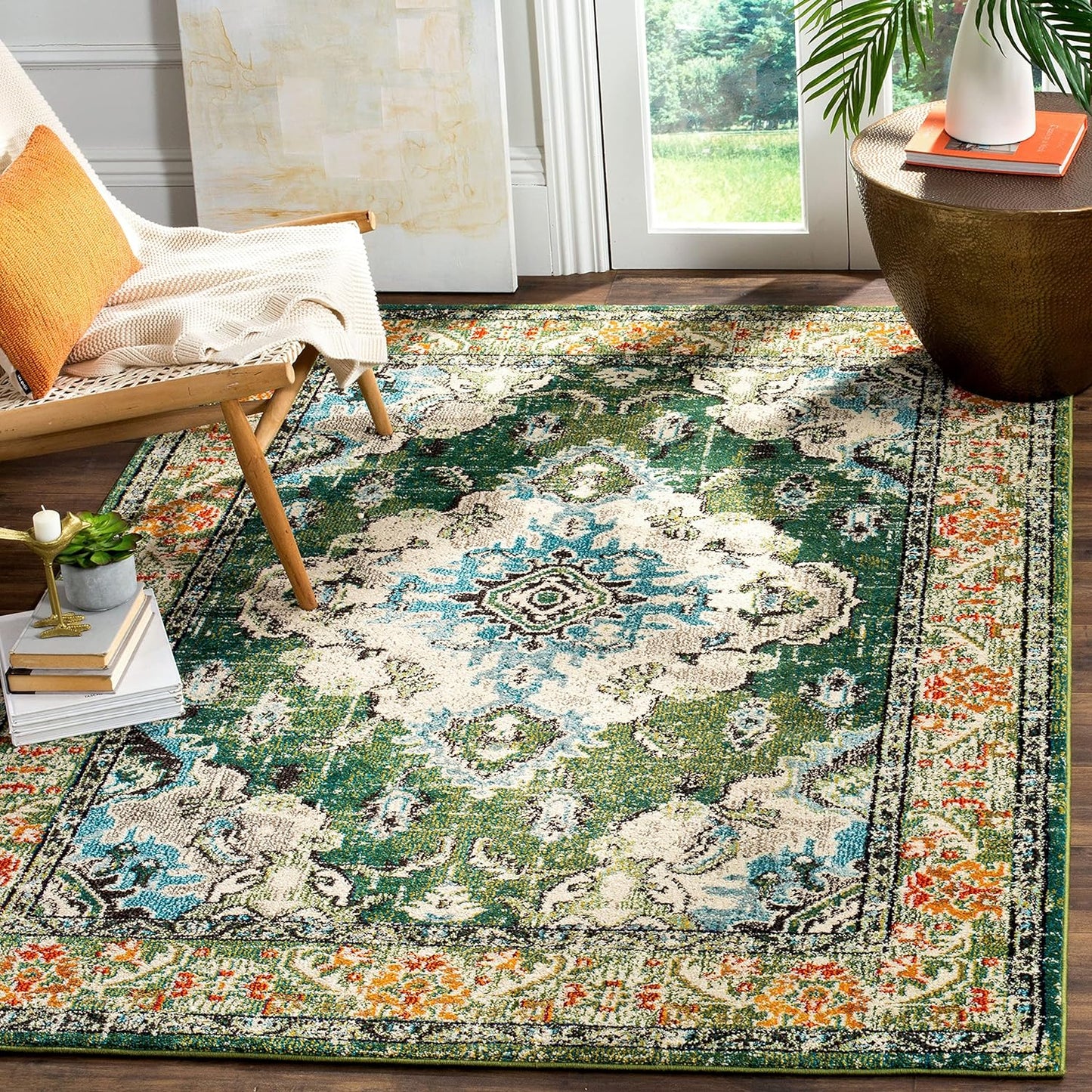 SAFAVIEH Monaco Collection Accent Rug - 3' x 5', Forest Green & Light Blue, Distressed Design, Non-Shedding & Easy Care, Ideal for High Traffic Areas in Entryway, Living Room, Bedroom (MNC243F)