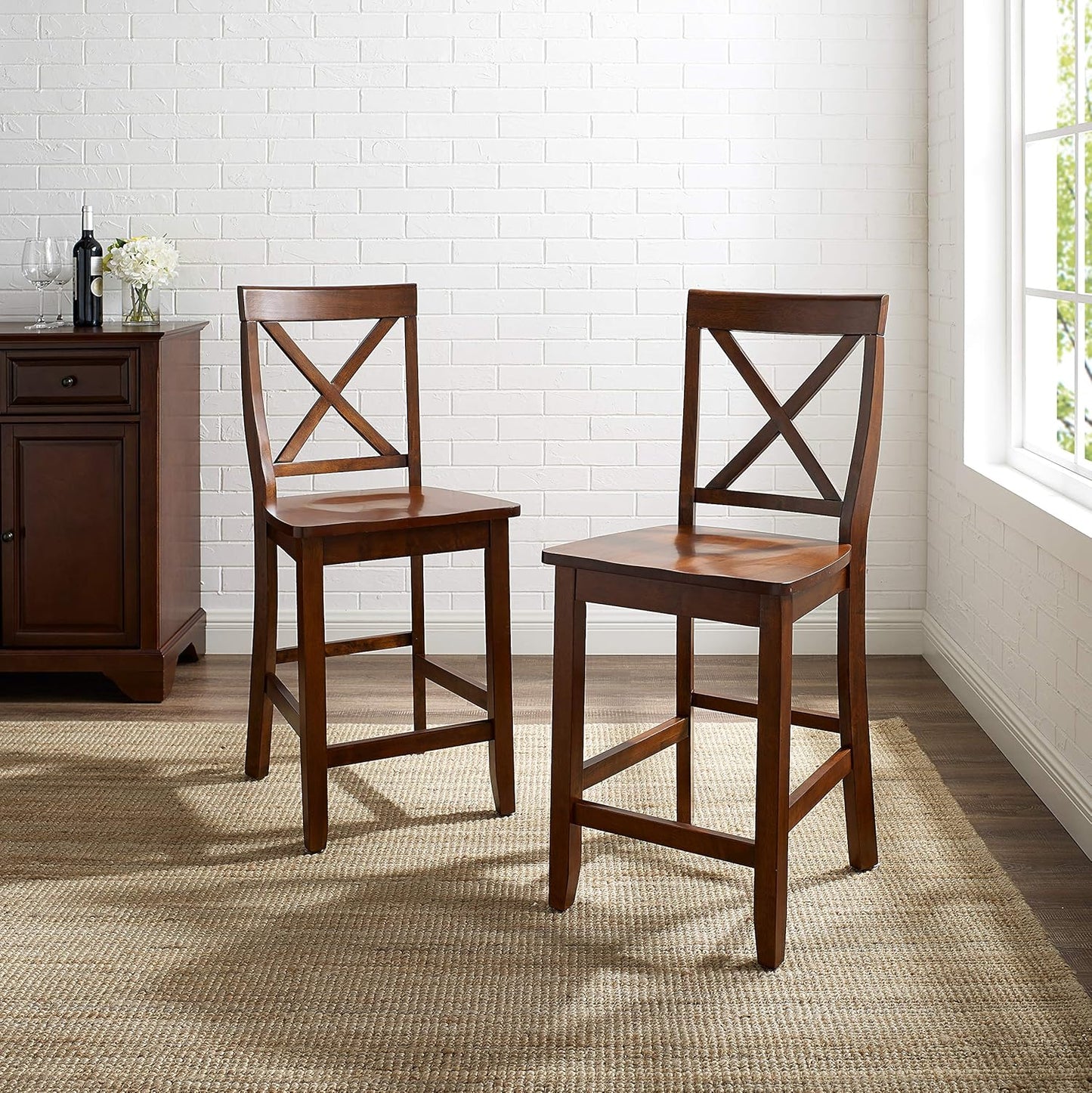 Crosley Furniture X-Back Wood Counter Height Bar Stools Set of 2, Vintage Mahogany, 24-inch