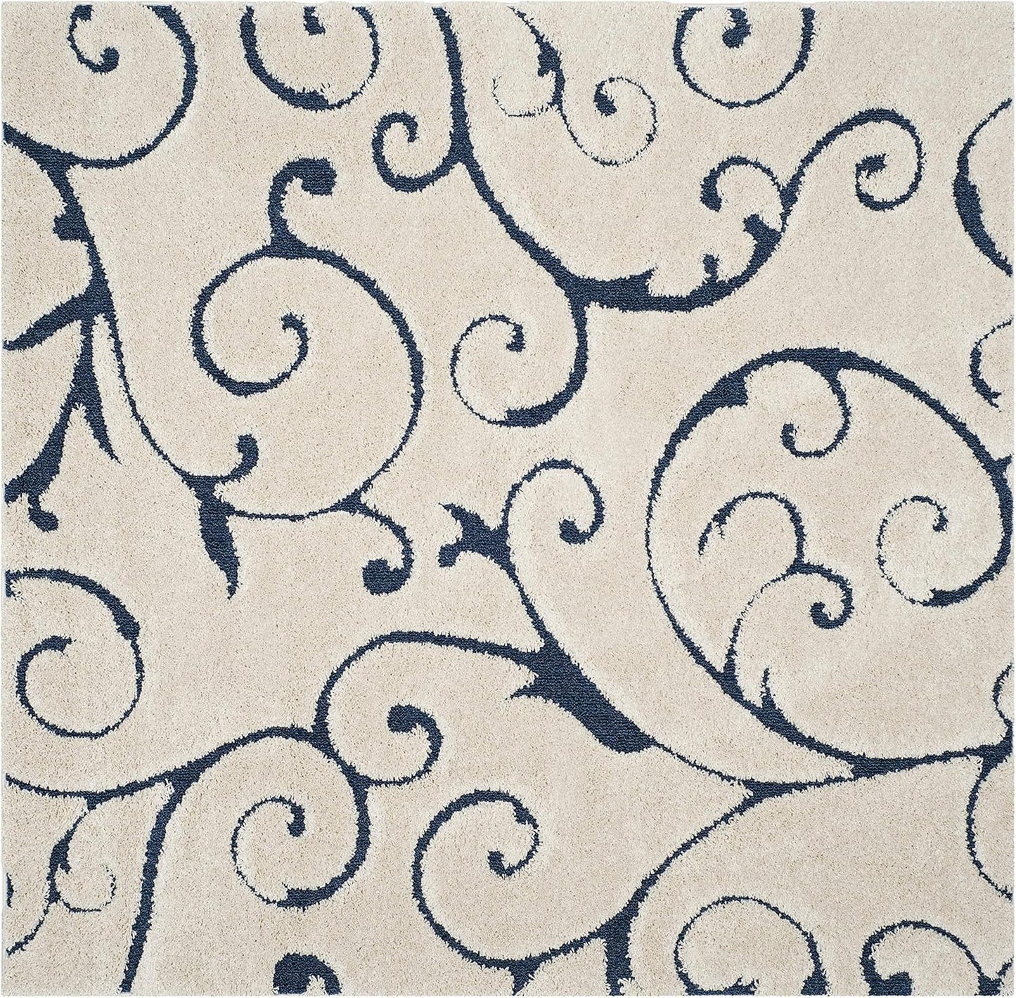SAFAVIEH Florida Shag Collection Area Rug - 8' Square, Cream & Blue, Scroll Design, Non-Shedding & Easy Care, 1.2-inch Thick Ideal for High Traffic Areas in Living Room, Bedroom (SG455-1165)