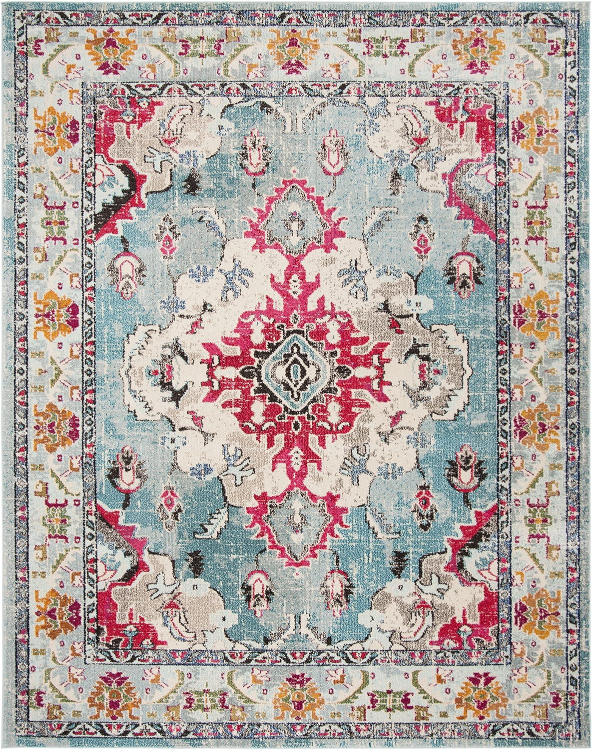 SAFAVIEH Monaco Collection X-Large Area Rug - 11' x 15', Light Blue & Fuchsia, Medallion Distressed Design, Non-Shedding & Easy Care, Ideal for High Traffic Areas in Living Room, Bedroom (MNC243J)
