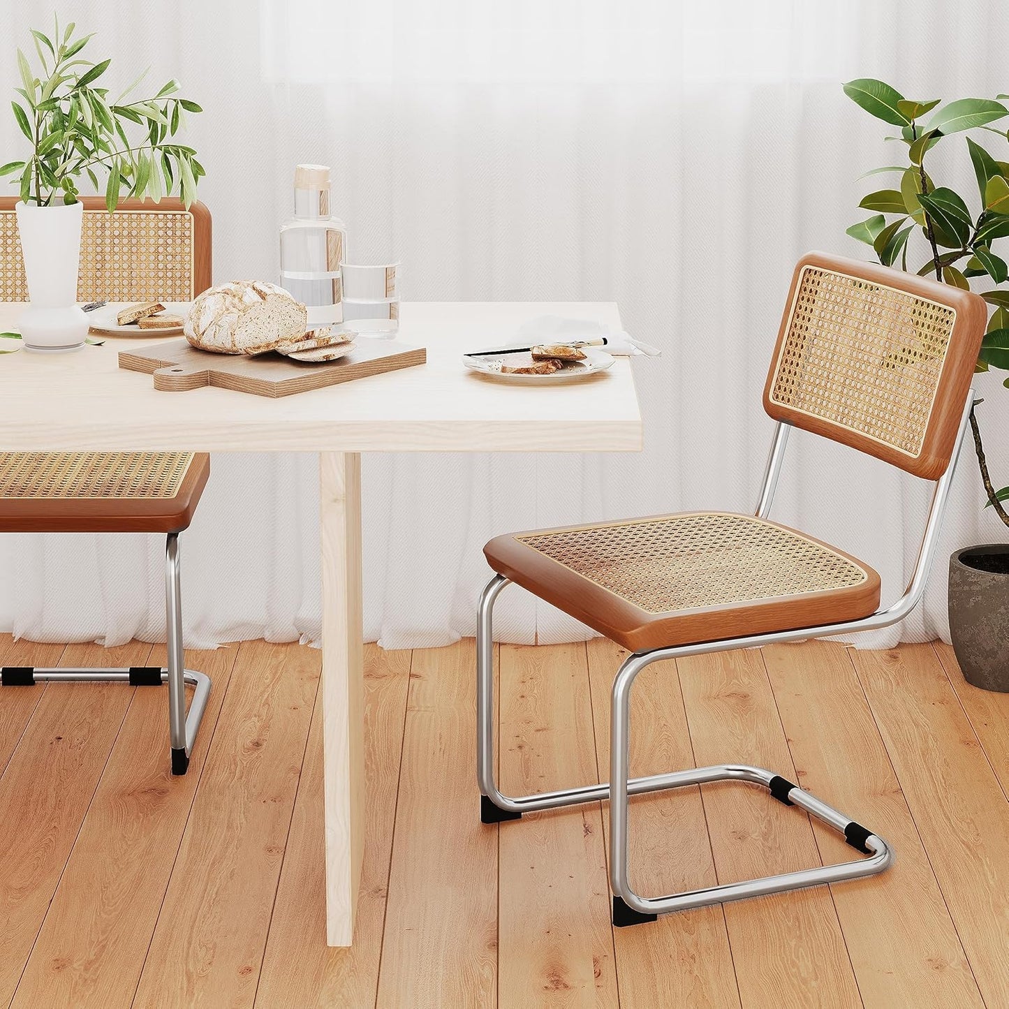 Rattan Dining Chairs Set of 2 Mid Century Modern Dining Room Chairs with Natural Rattan Woven Backrest with Metal Legs, Brown