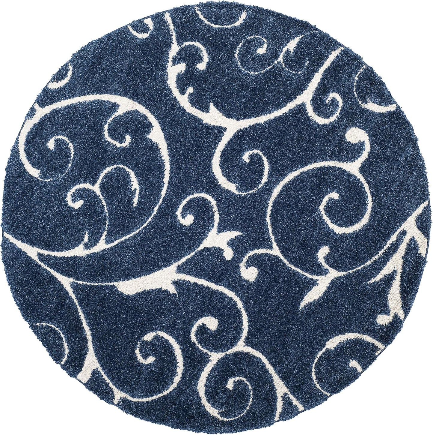 SAFAVIEH Florida Shag Collection 5' Round Dark Blue/Cream SG455 Scrolling Vine Graceful Swirl Textured Non-Shedding Living Room Bedroom Dining Room Entryway Plush 1.2-inch Thick Area Rug
