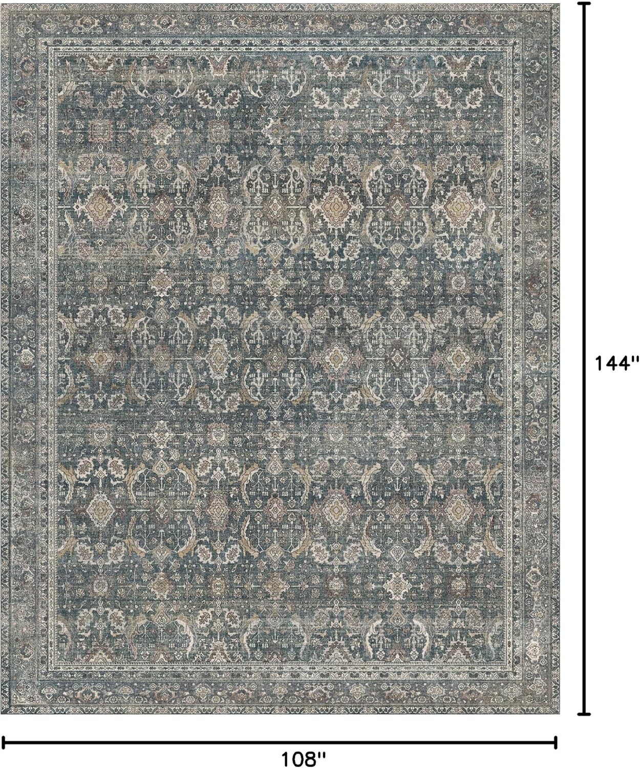 9X12 Area Rugs Machine Washable Rugs for Living Room, Vintage Boho Large Rugs for Bedroom Dining Room, Non Slip Indoor Soft Distressed Lightweight Thin Low Pile Carpet, Deep